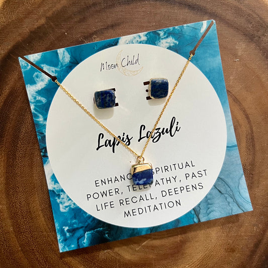 Lapis Lazuli Square Gold Necklace & Earring Bundle