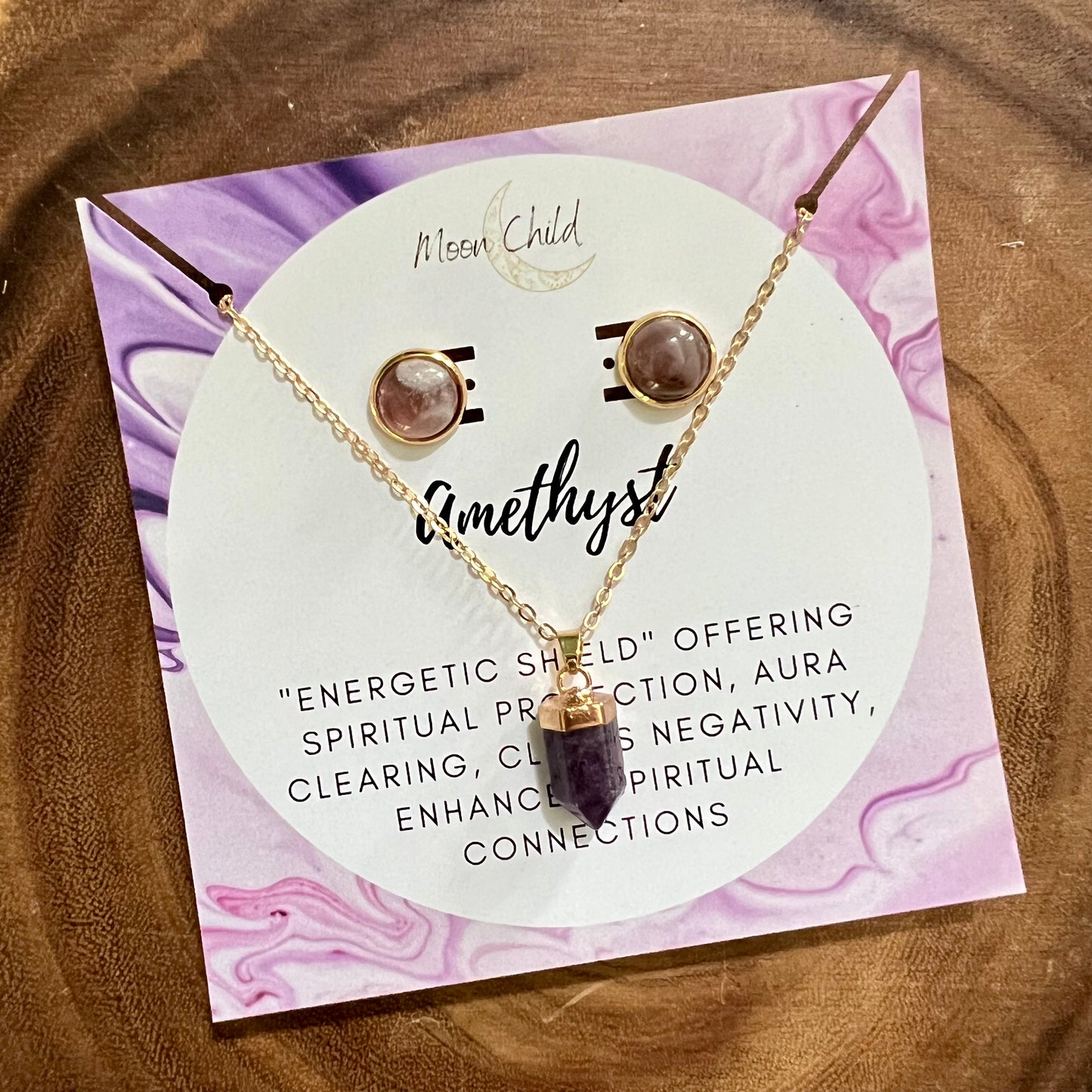 Amethyst Obelisk Gold Necklace & Earring Bundle