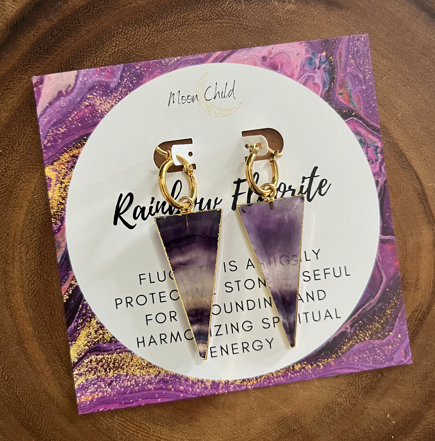 Large Gold Rainbow Fluorite Triangle Earrings