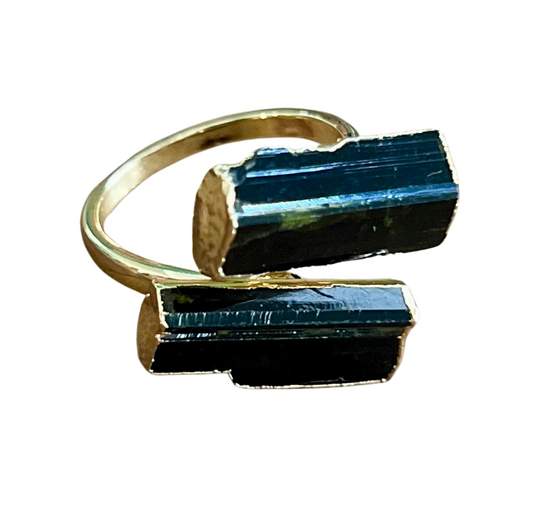 Black Tourmaline Gold Plated Adjustable Wrap Ring