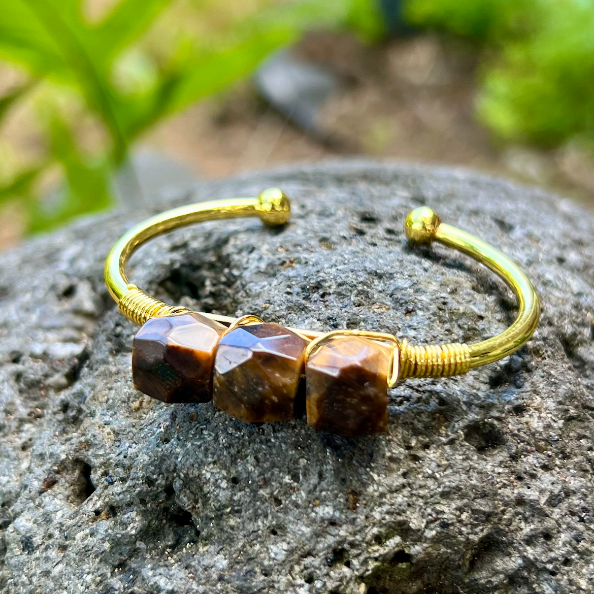 Tiger's Eye Tri Gemstone Gold Bangle