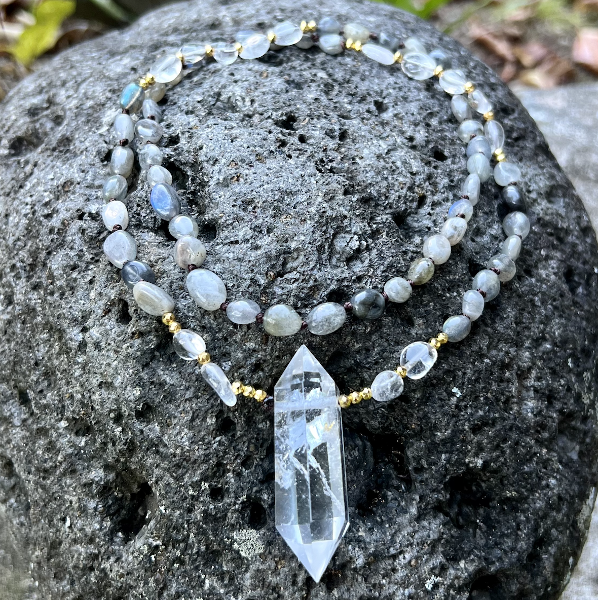 Labradorite Mala w/Crystal Quartz Pendant