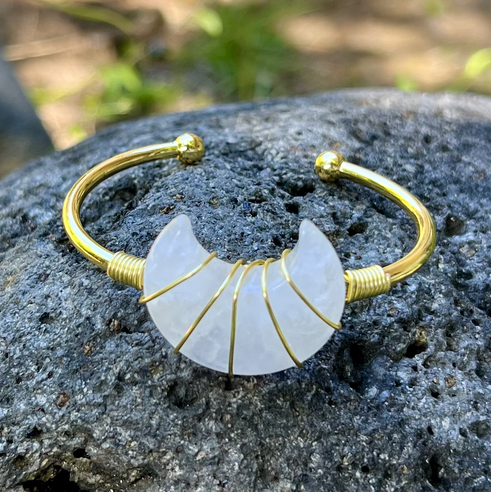 Crystal Quartz Moon Gemstone Gold Bangle