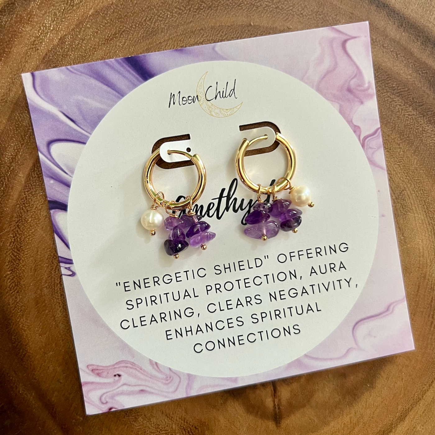 Amethyst Rough Small Gold Hoop Earrings w/Pearl