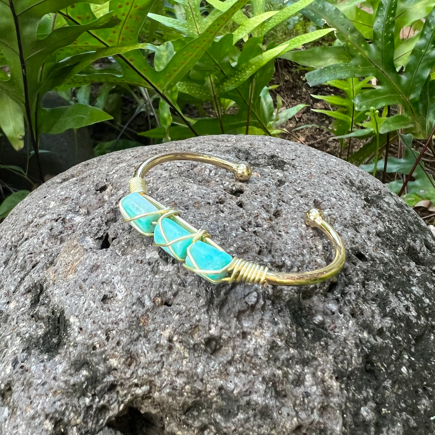 Amazonite Gemstone Gold Bangle Cuff Bracelet ~ "Harmonizing Energy & Manifestation"