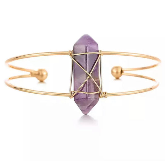 Amethyst Obelisk Gemstone Gold Bangle Cuff Bracelet  ~ "Clearing Negativity"