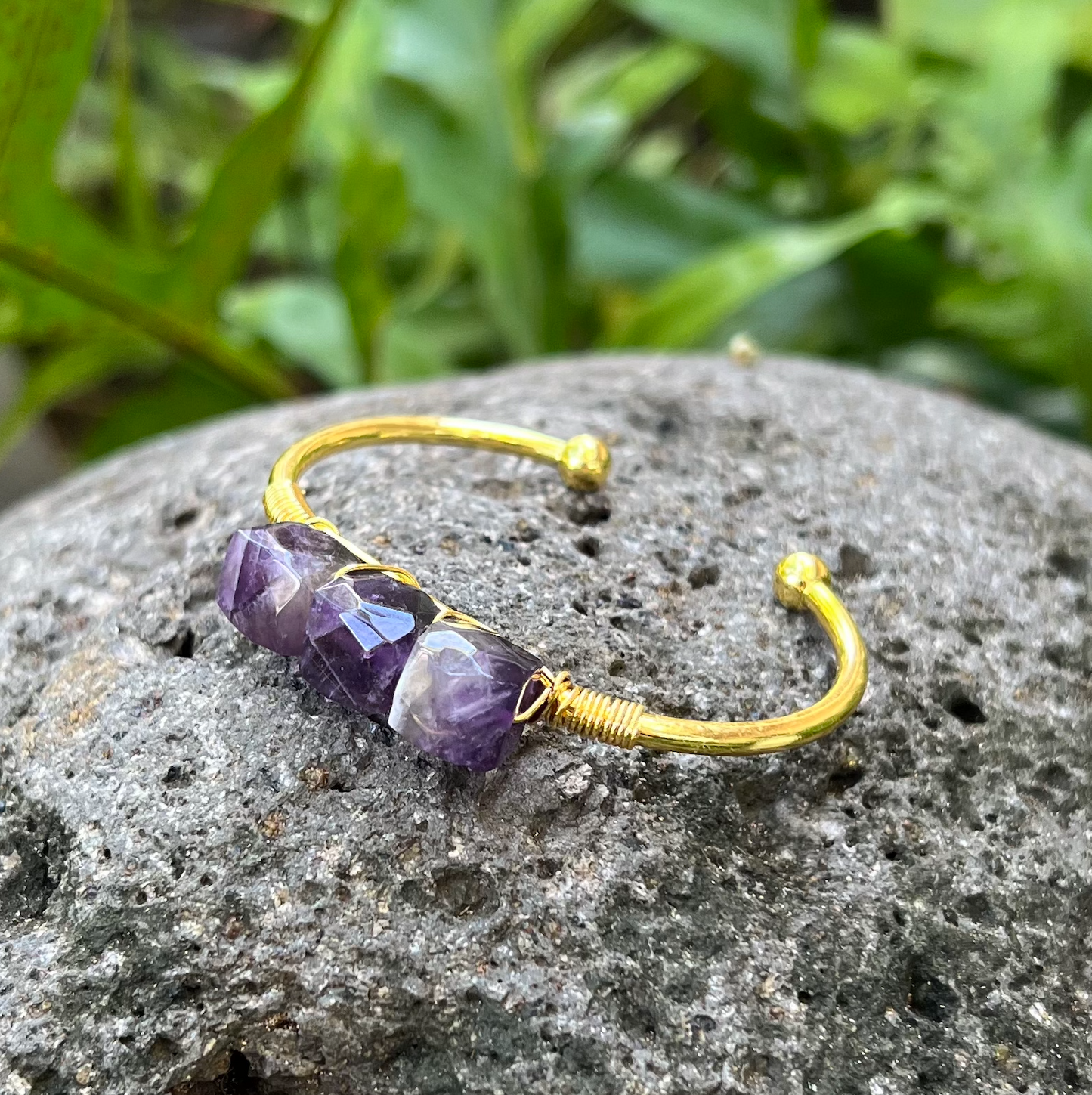 Amethyst Three Stone Gemstone Gold Bangle Cuff Bracelet ~ "Energetic Protection & Aura Clearing"