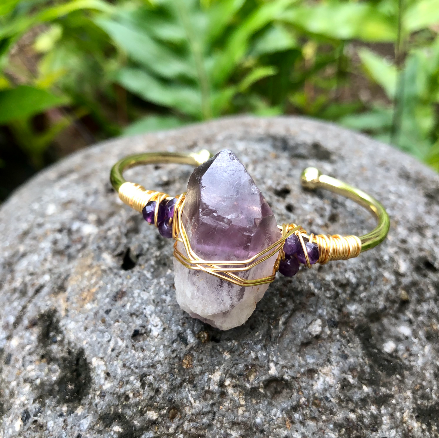 Amethyst (Large Stone) Gemstone Gold Bangle Cuff Bracelet ~ "Energetic Protection & Aura Clearing"