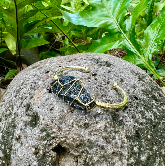 Black Tourmaline Rough Gemstone Gold Bangle Cuff Bracelet ~ "Protection"