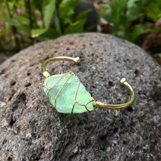 Green Fluorite Rough Gemstone Gold Bangle Cuff Bracelet ~ "Energy, Health, & Healing"