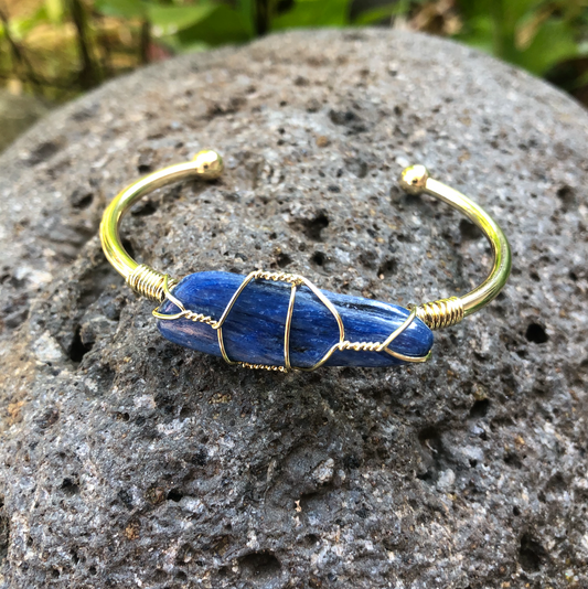 Kyanite Rough Gemstone Gold Bangle Cuff Bracelet ~ "Spiritual Awakening & Astral Travel"