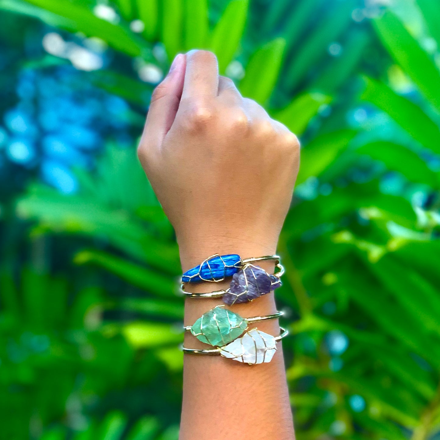 Green Fluorite Rough Gemstone Gold Bangle Cuff Bracelet ~ "Energy, Health, & Healing"
