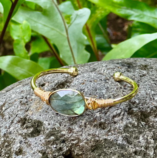 Labradorite Gemstone Oval Gold Bangle Cuff Bracelet - "Moon Energy"