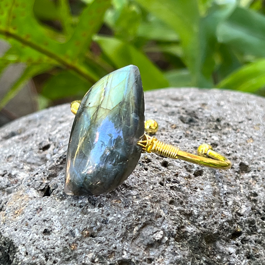 Labradorite Large Gemstone Gold Bangle Cuff Bracelet