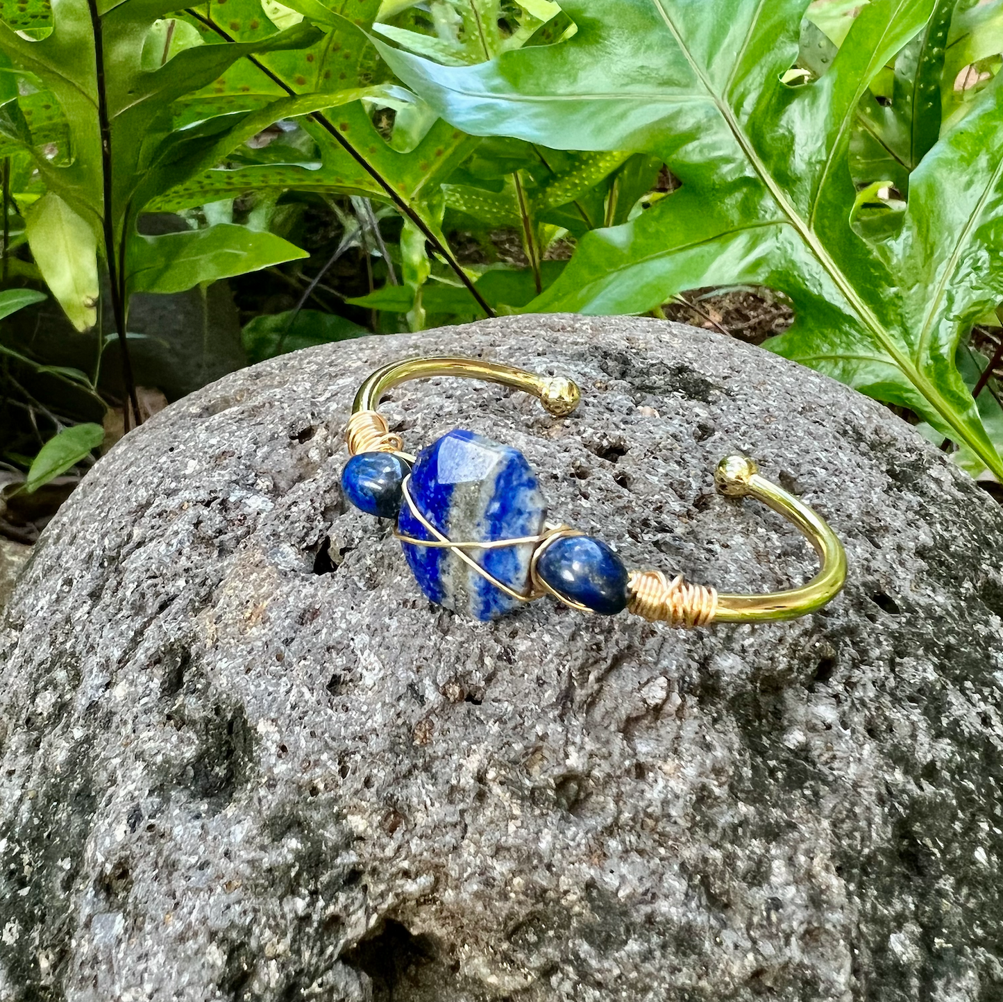 Lapis Gemstone (Three Stone) Gold Bangle Cuff Bracelet "Spiritual Power & Telepathy"