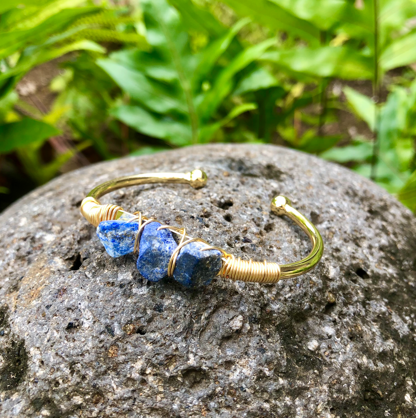 Lapis Gemstone Gold Bangle Cuff Bracelet "Spiritual Power & Telepathy"