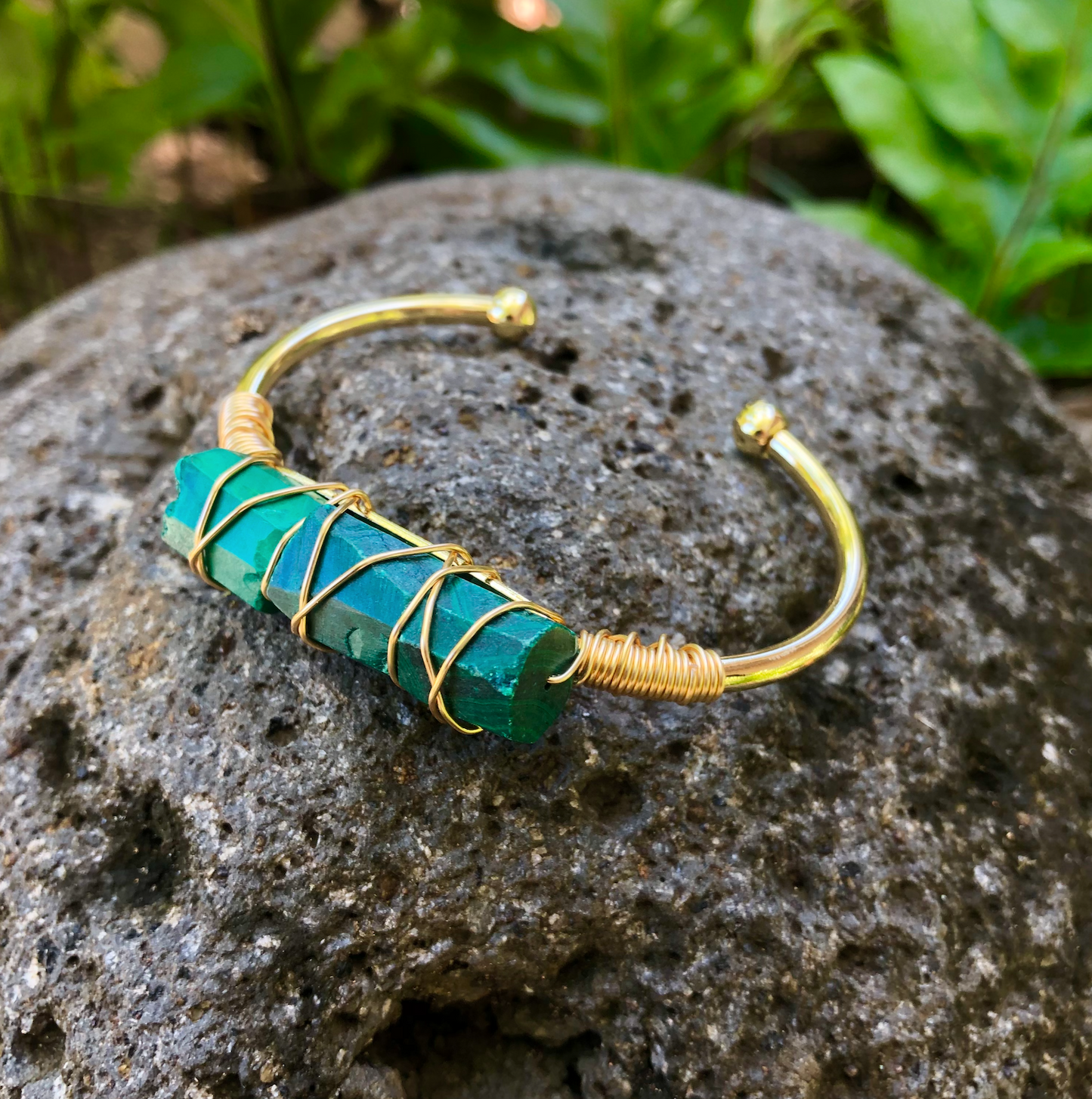 Malachite Gemstone Gold Bangle Cuff Bracelet "Manifestation & Protection"