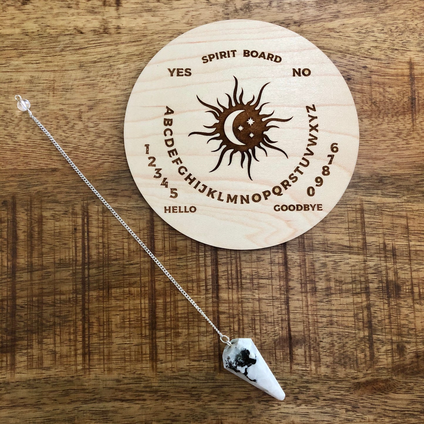 Rainbow Moonstone Pendulum w/ Wooden Pendulum Spirit Board