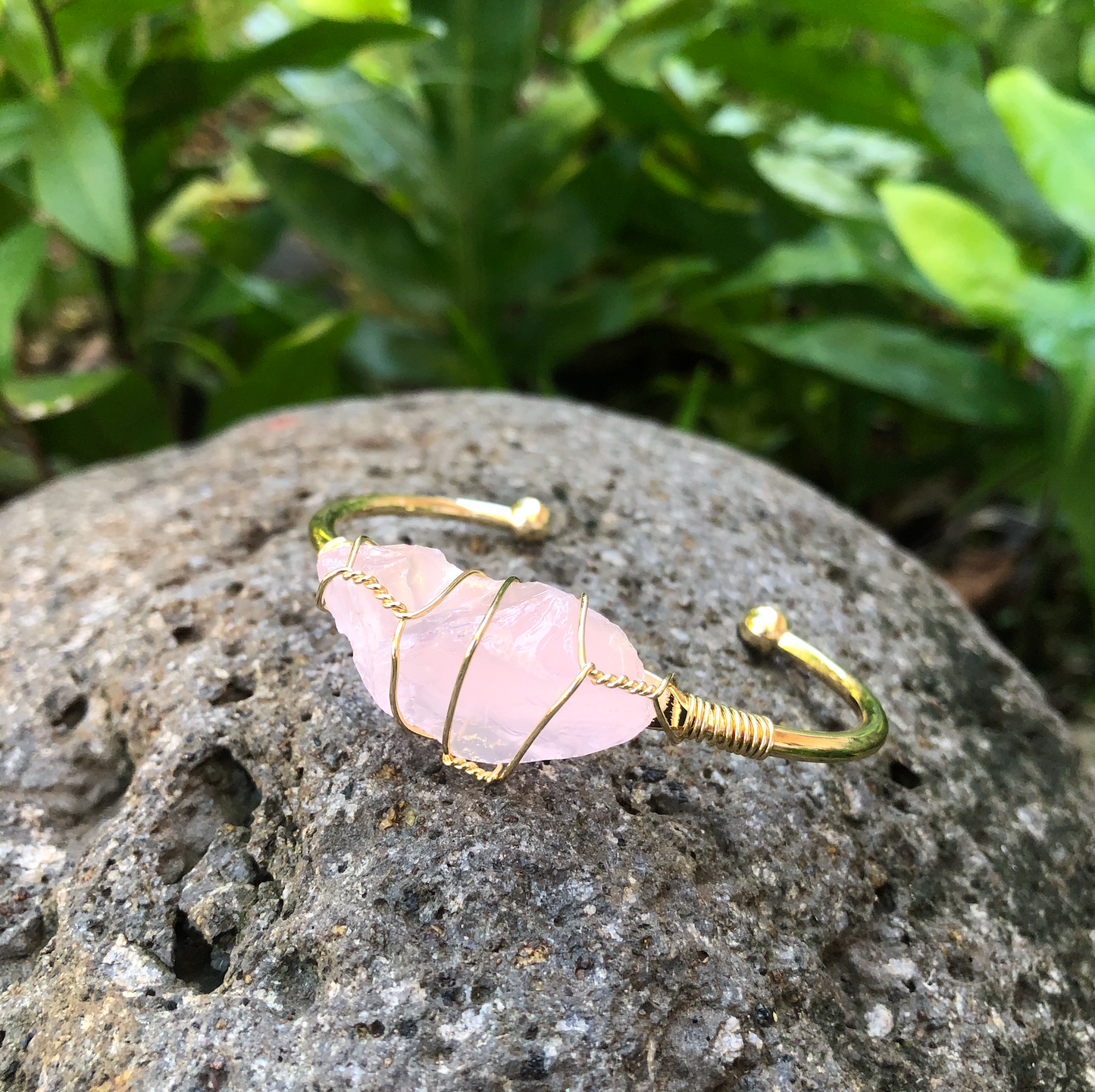 Rose Quartz Rough Gemstone Gold Bangle Cuff Bracelet ~ "Love & Tranquility"