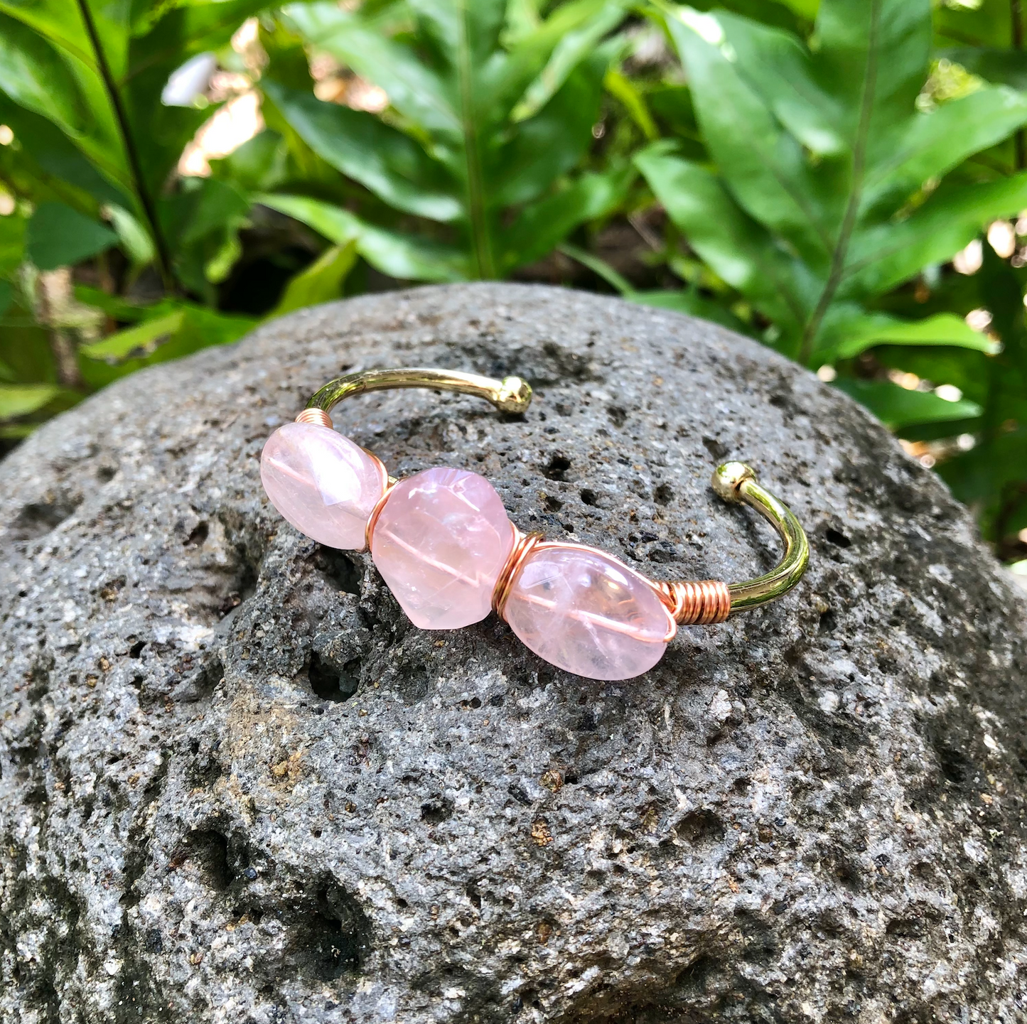 Rose Quartz (Three Stone) Gemstone Gold Bangle Cuff Bracelet ~ "Love & Tranquility"