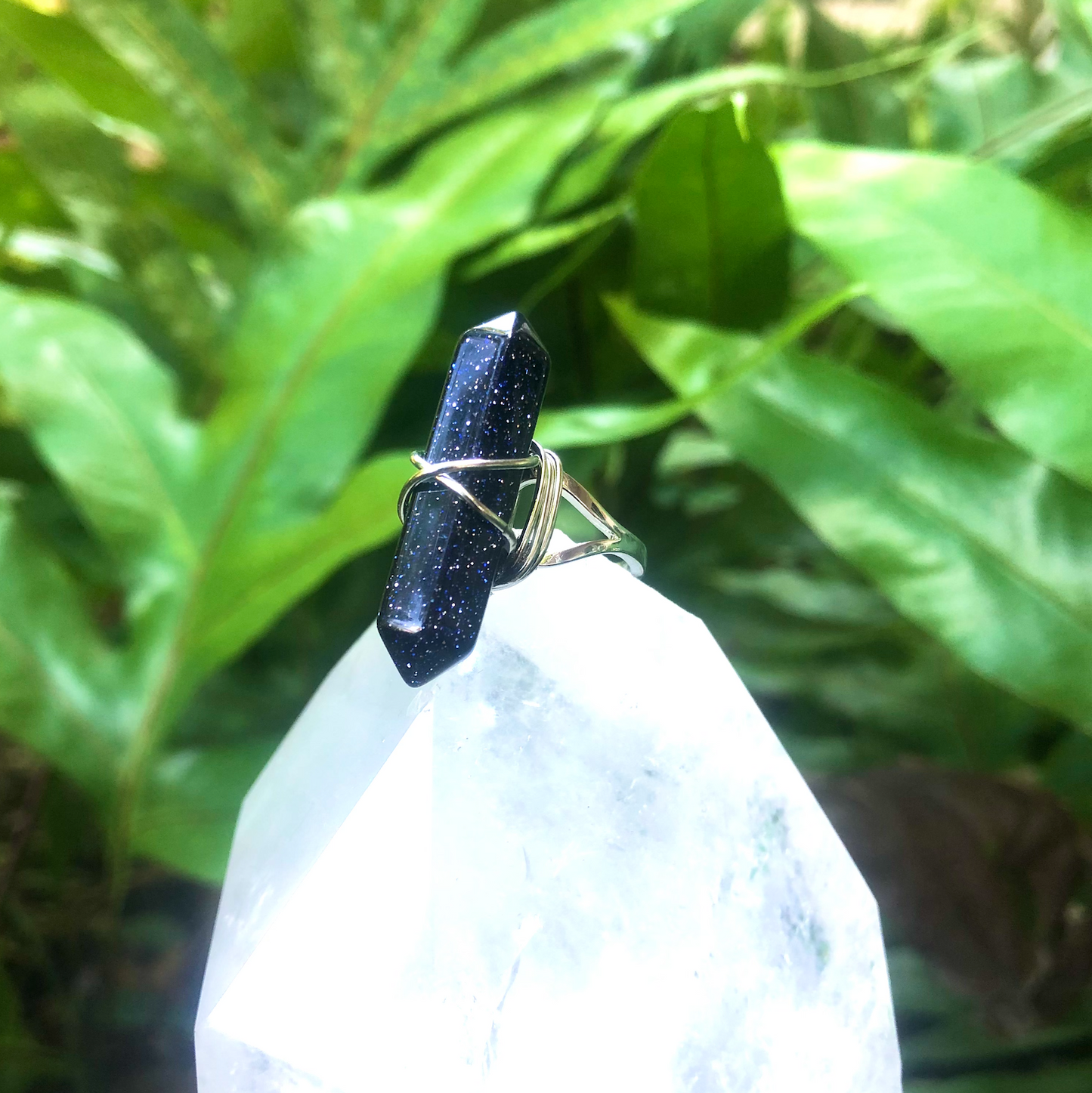 Blue Goldstone Gemstone Adjustable Obelisk Ring