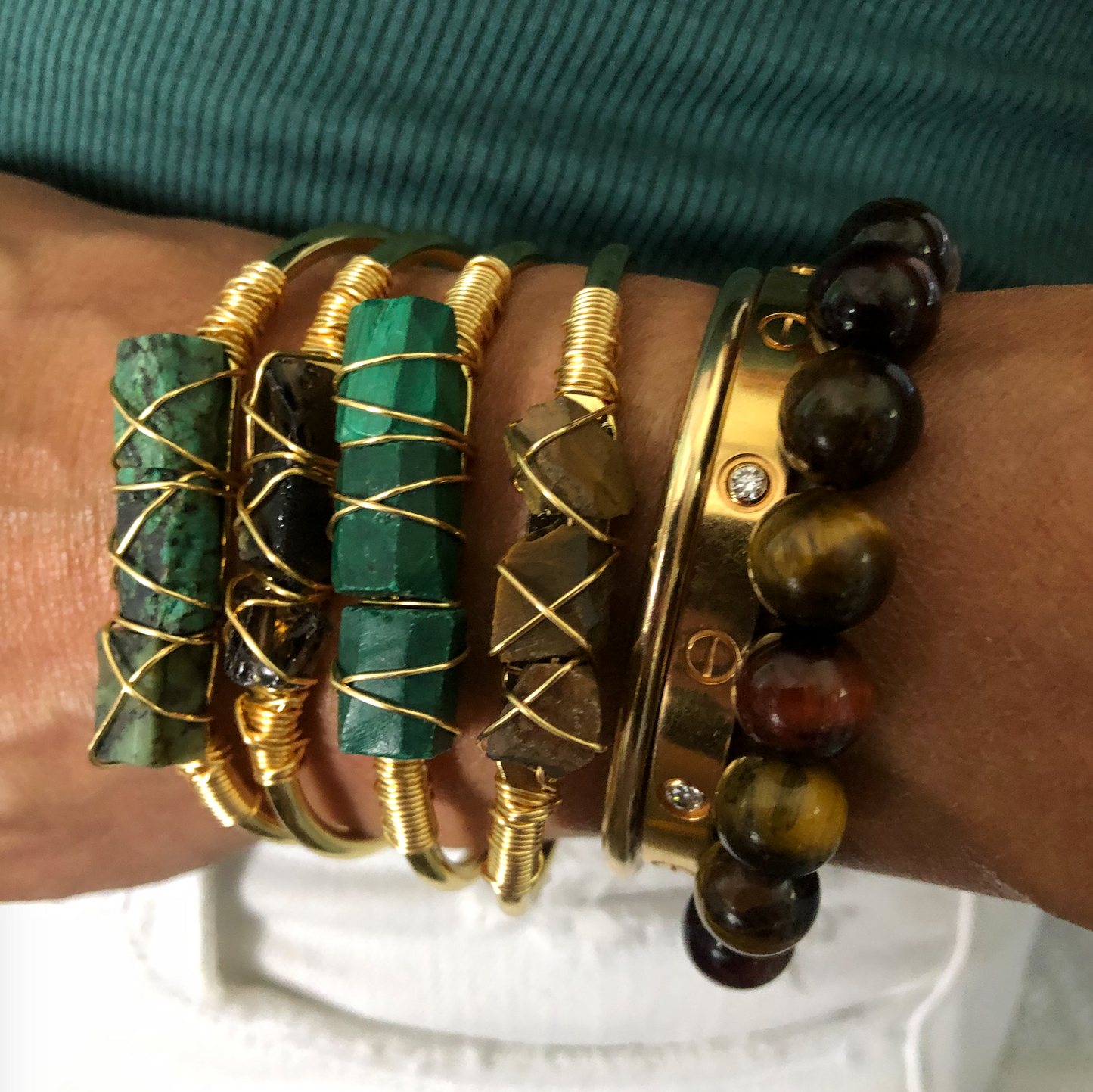 Malachite Gemstone Gold Bangle Cuff Bracelet "Manifestation & Protection"
