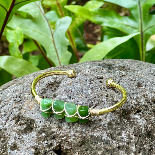 Green Jade Gemstone Gold Bangle Cuff ~ "Chi, Life Force Energy, & Abundance"