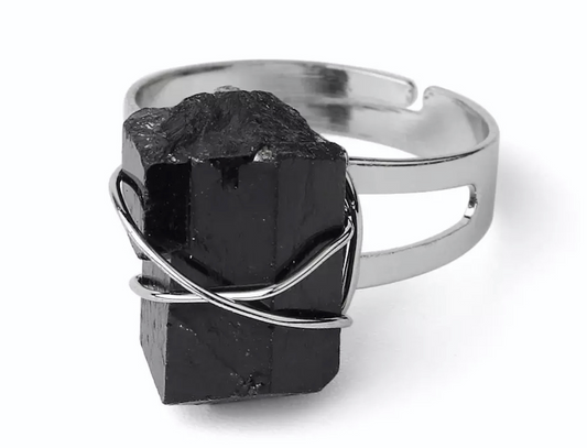 Obsidian Rough Gemstone Ring Silver Adjustable