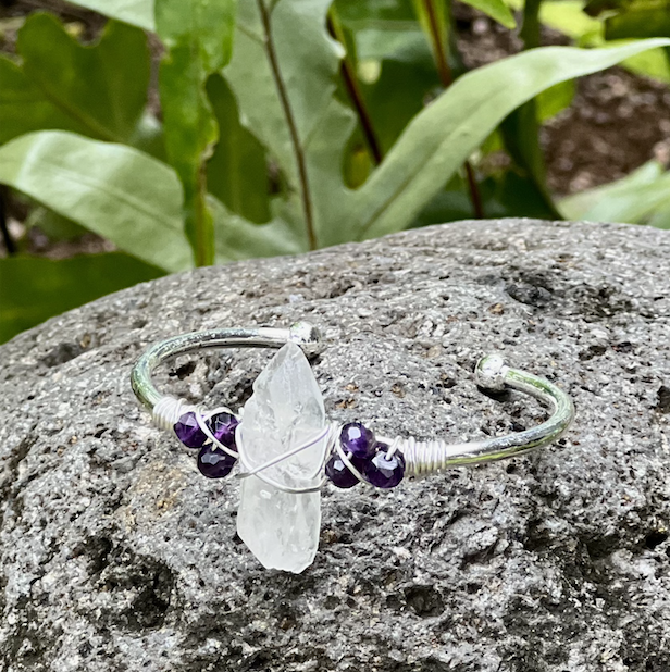 Crystal Quartz & Amethyst Gemstone Silver Bangle Cuff Bracelet ~ "Spiritual Awareness & Protection"