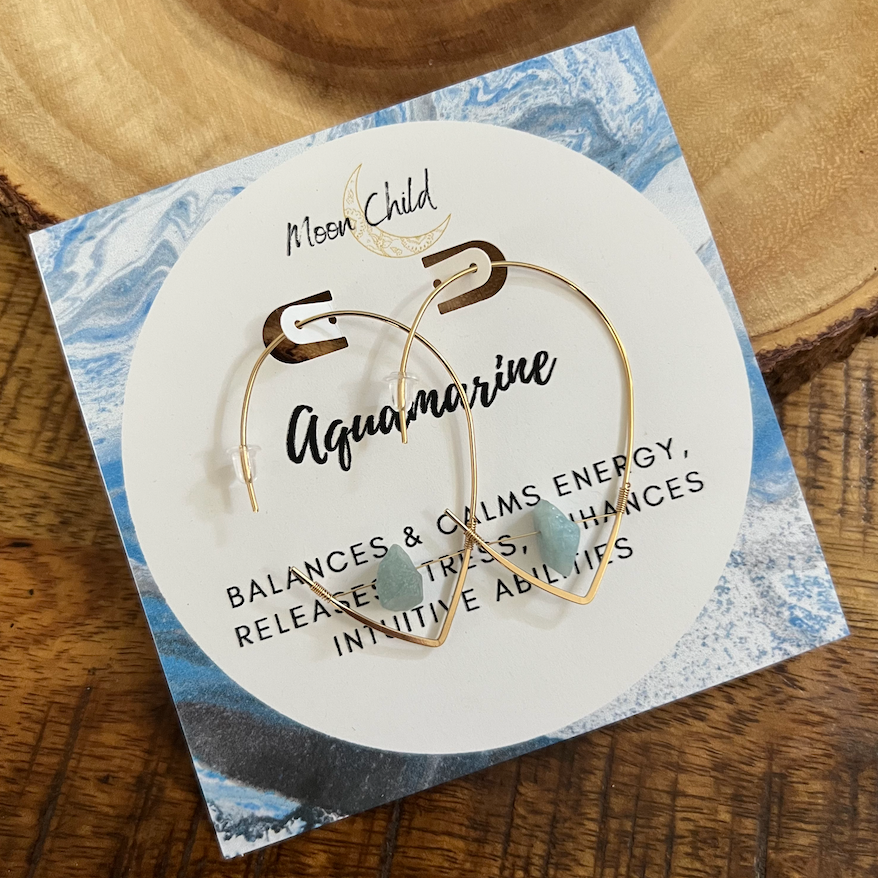 Aquamarine Rough Tear Drop Gold Earrings ~ "Calming Energies"
