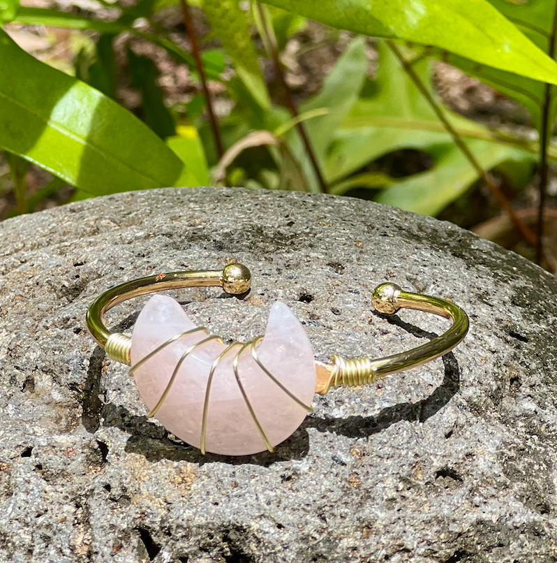 Rose Quartz Moon Gemstone Gold Bangle Cuff Bracelet