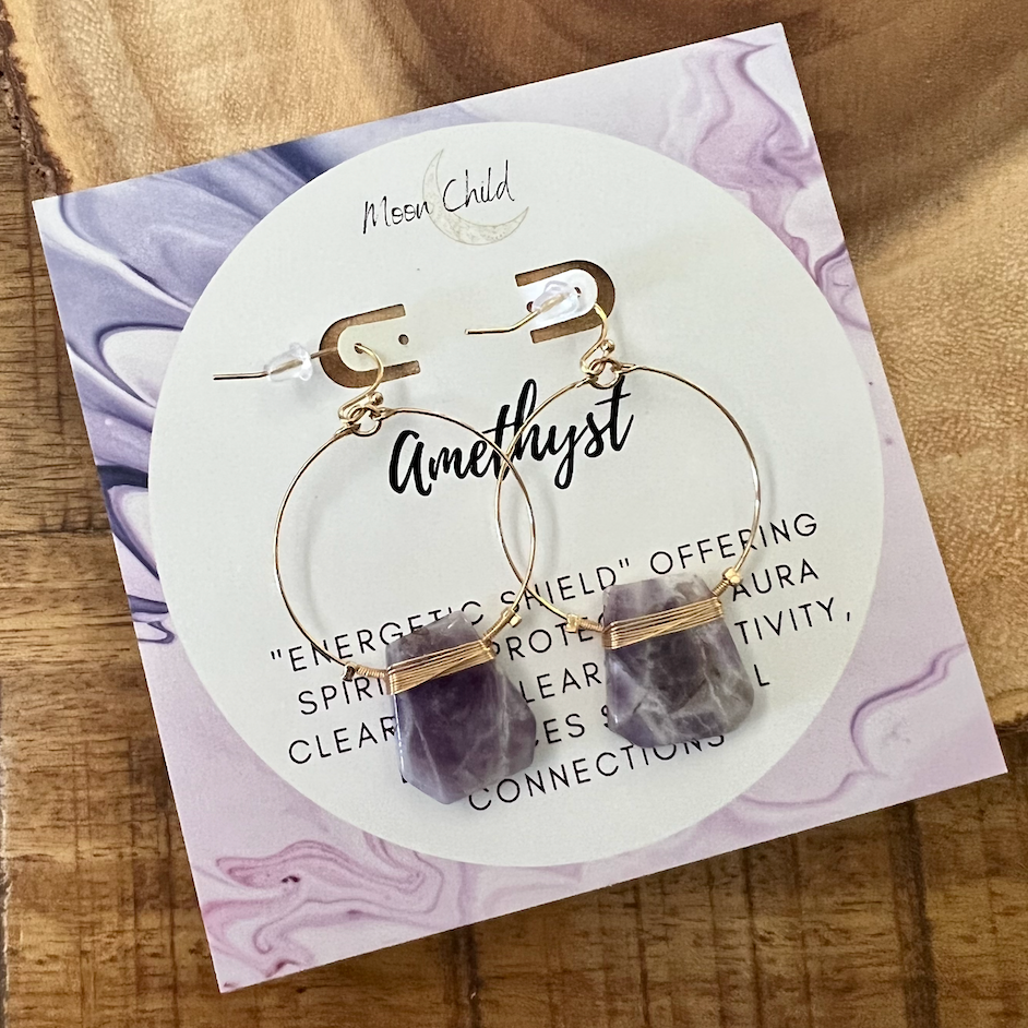 Amethyst Flat Gemstone Gold Earrings ~ "Energetic Protection & Aura Clearing"