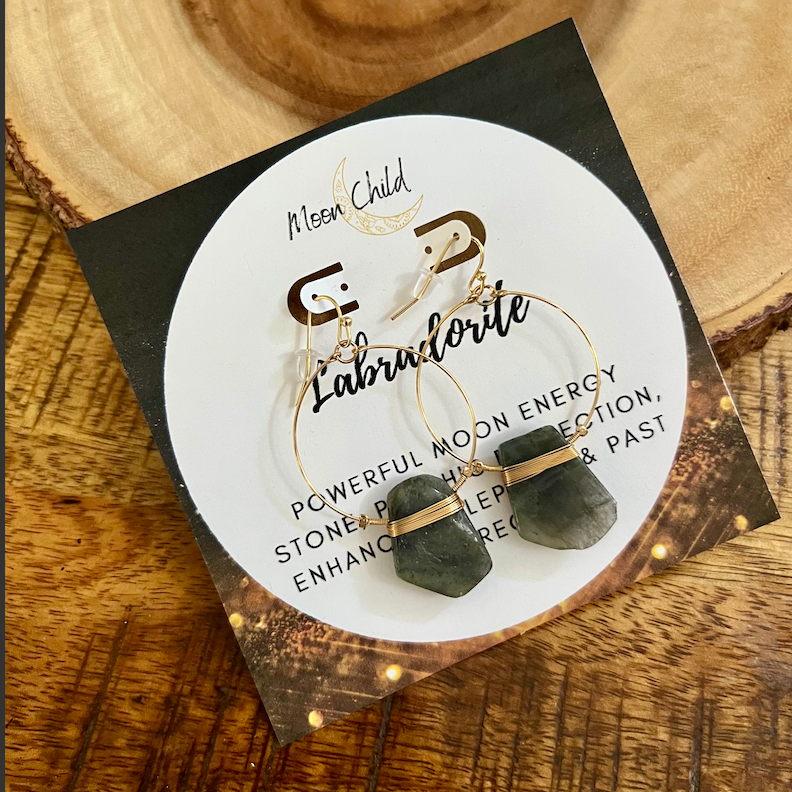 Labradorite Flat Gemstone Gold Earrings ~ "Moon Energy"