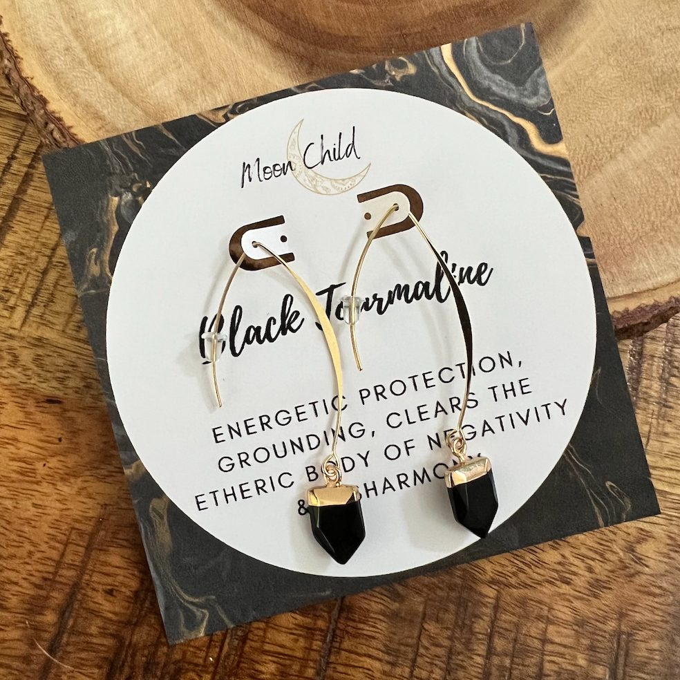 Black Tourmaline Gemstone Point Gold Earrings ~ "Purification & Protection"