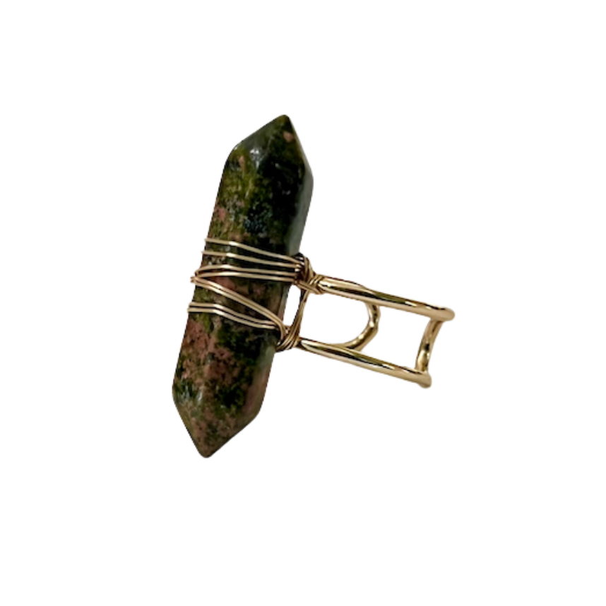 Unakite Gemstone Gold Adjustable Obelisk Ring