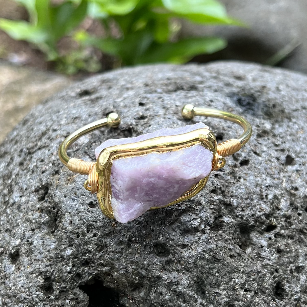 Kunzite Rough Gemstone Gold Bangle Cuff Bracelet