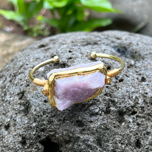 Kunzite Rough Gemstone Gold Bangle Cuff Bracelet