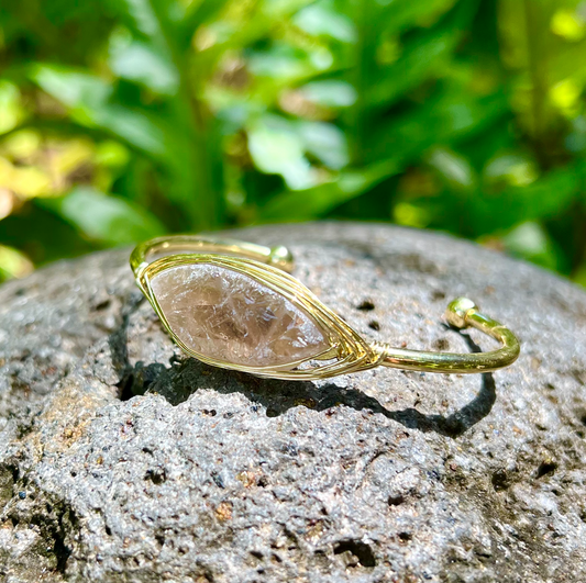 Smokey Quartz Gemstone Gold Bangle Cuff Bracelet "Spirit Protection & Clearing Negativity"