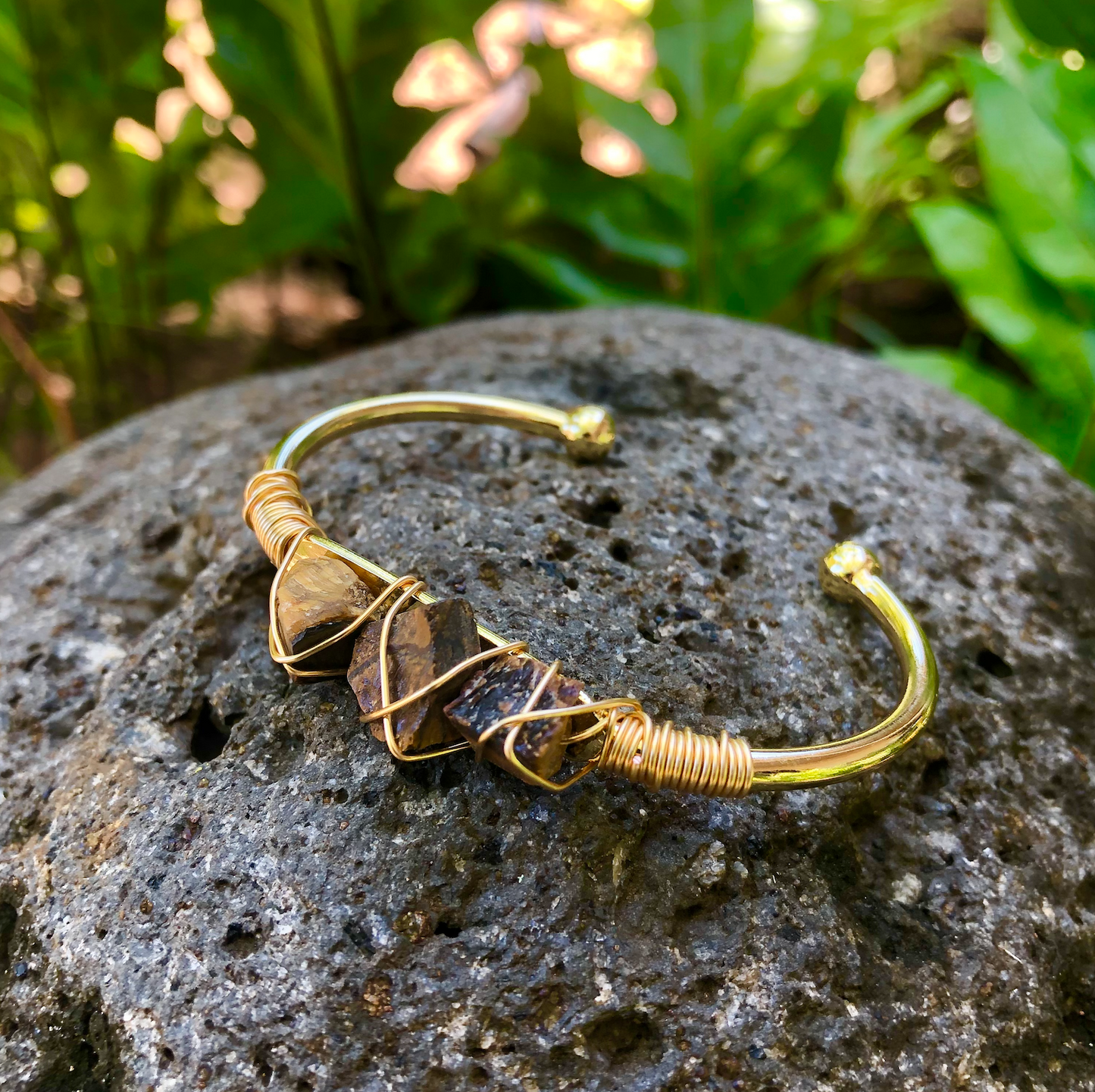 Tiger's Eye Gemstone Gold Bangle Cuff Bracelet "Spiritual Balance & Strength"