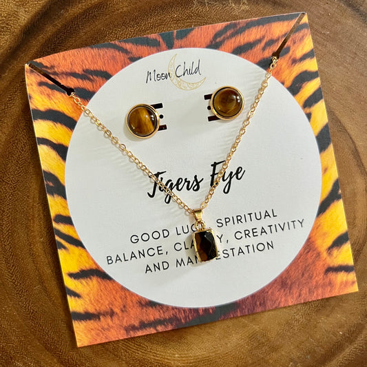 Tigers Eye Square Gold Necklace & Earring Bundle