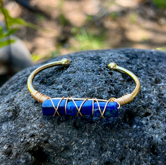 Lapis Gemstone Gold Bangle Cuff Bracelet "Spiritual Power & Telepathy"