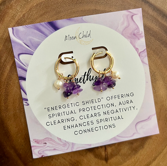 Amethyst Rough Small Gold Hoop Earrings w/Pearl