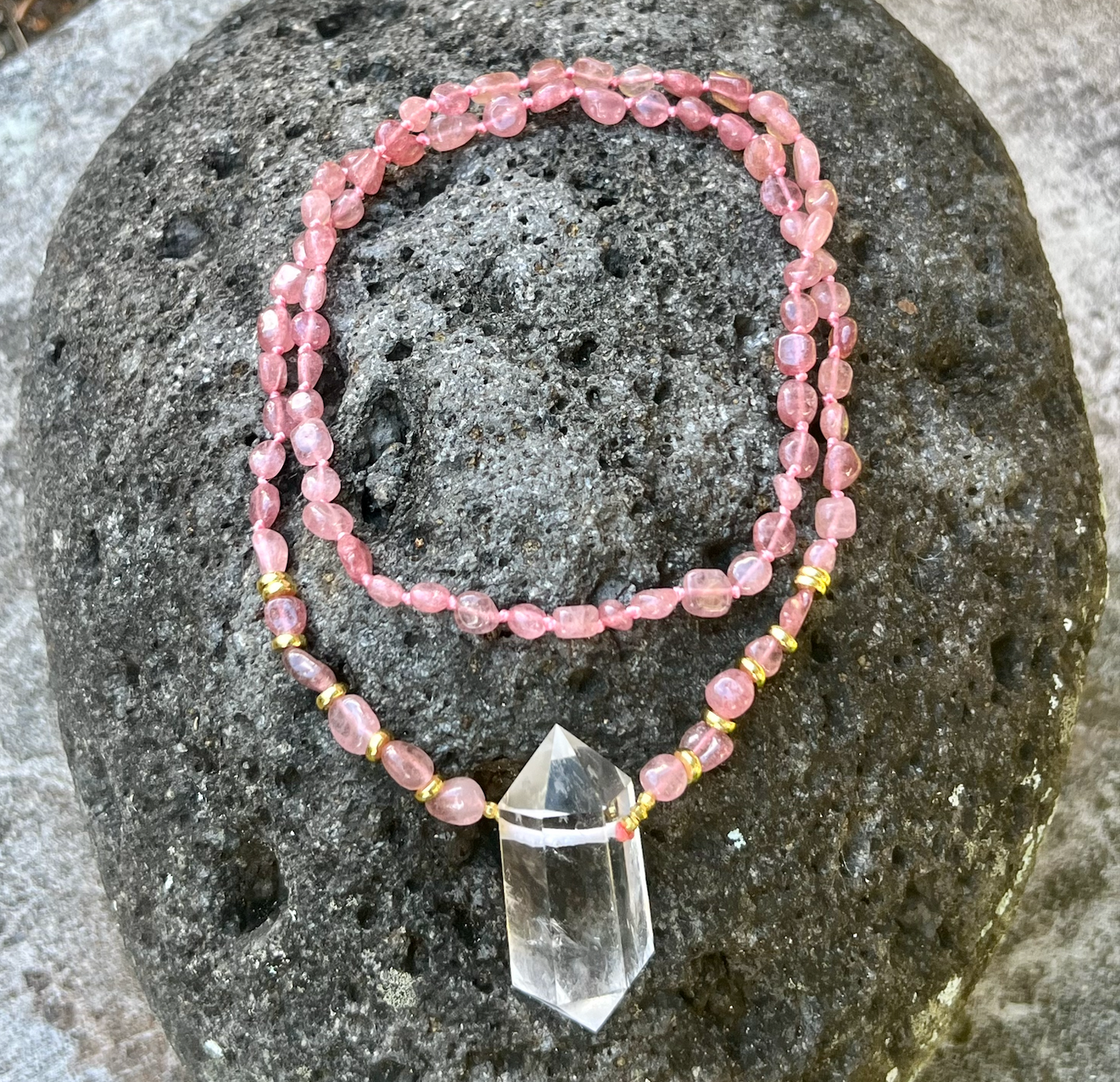 Strawberry Quartz Crystal Mala Bead Necklace