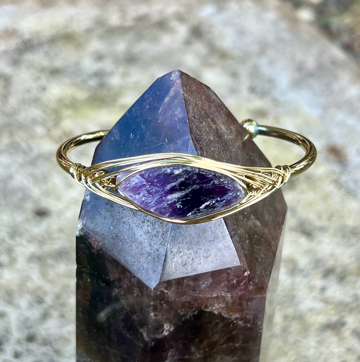 Amethyst Moon Gemstone Gold Bangle Cuff Bracelet