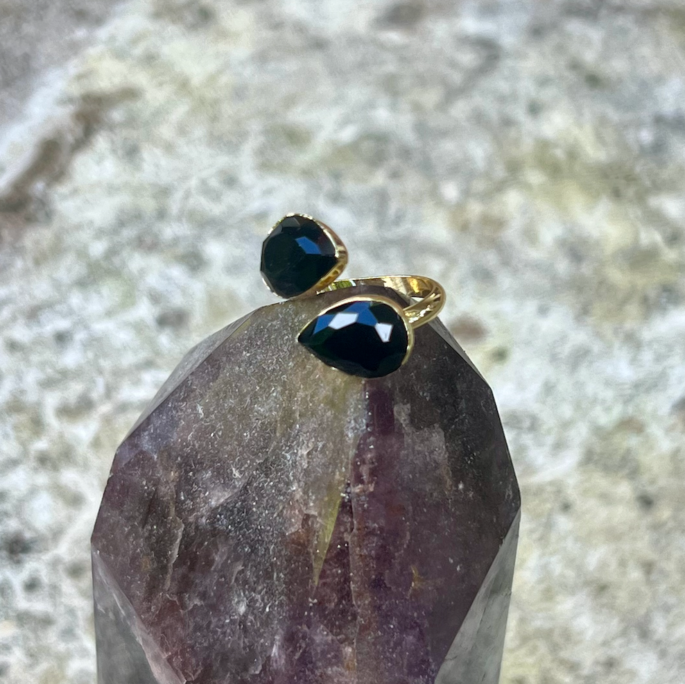 Black Onyx Gold Teardrop Wrap Ring