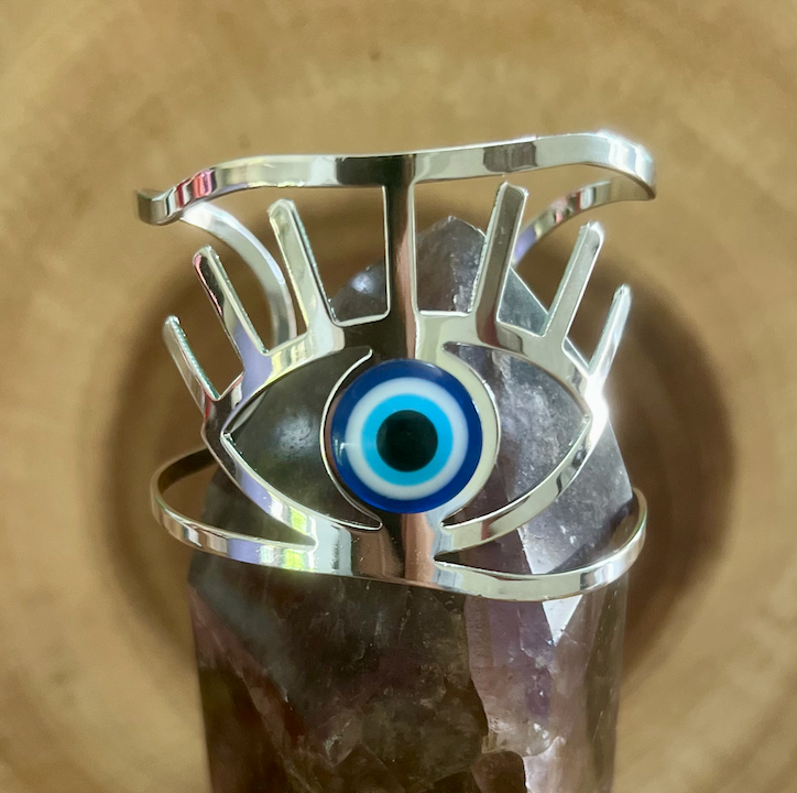 Large Adjustable Silver "Evil Eye" Bangle Cuff