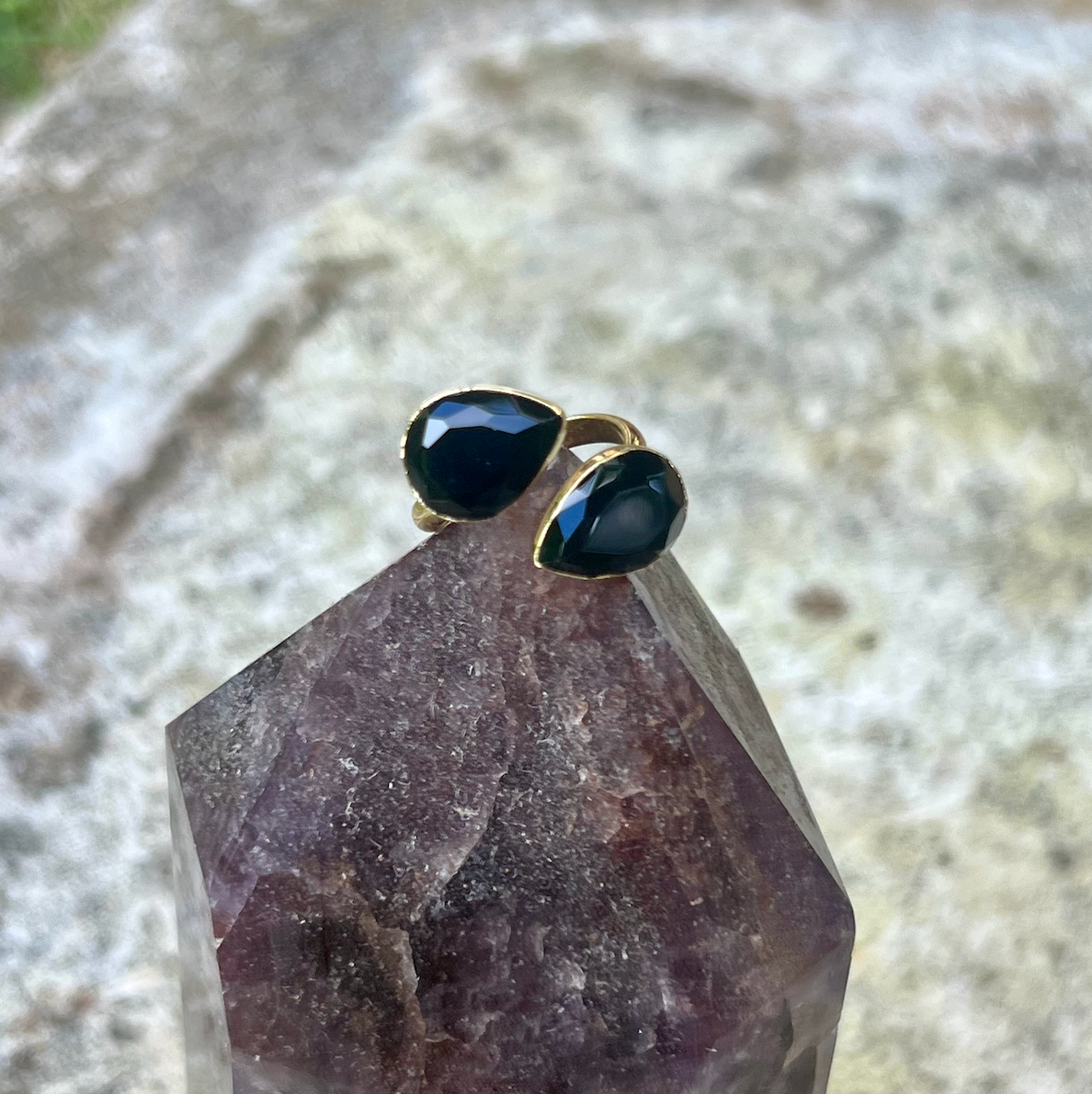 Black Onyx Gold Teardrop Wrap Ring