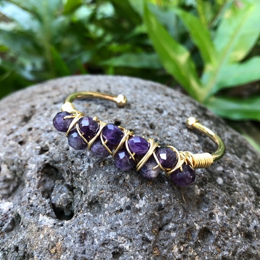 Amethyst Gemstone Gold Bangle Cuff Bracelet ~ "Spirit Guides, Angels, & Source"