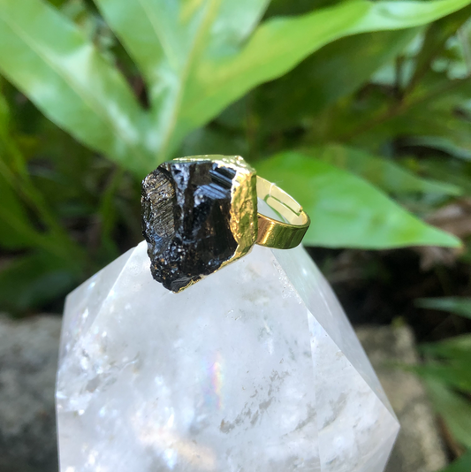 Black Tourmaline Rough Gemstone Ring w/ Gold