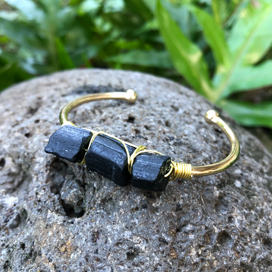 Black Tourmaline Gemstone Gold Bangle Cuff Bracelet "Protection" Bracelet